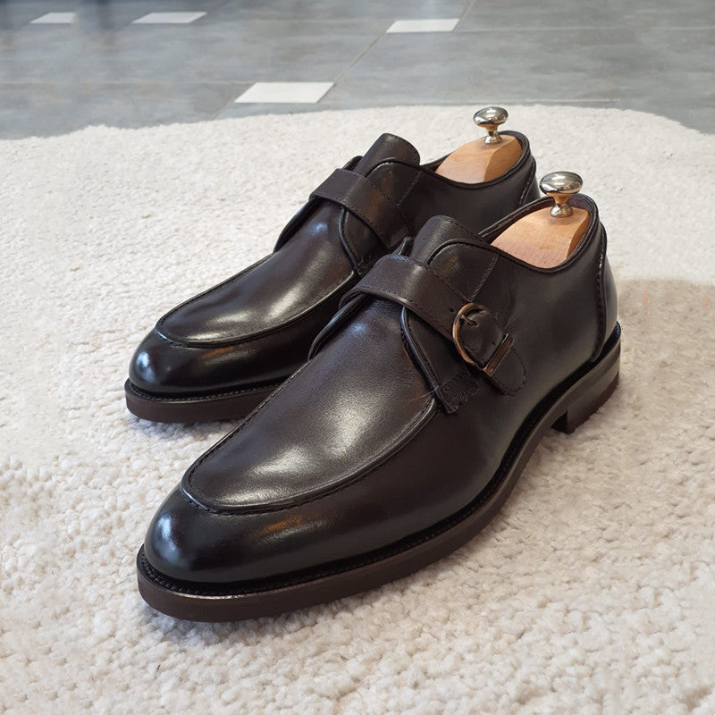 Black British Style Single Button Leather Dress Slip-On Shoes