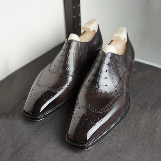 Dark brown handmade brogue style Oxford slip-on shoes