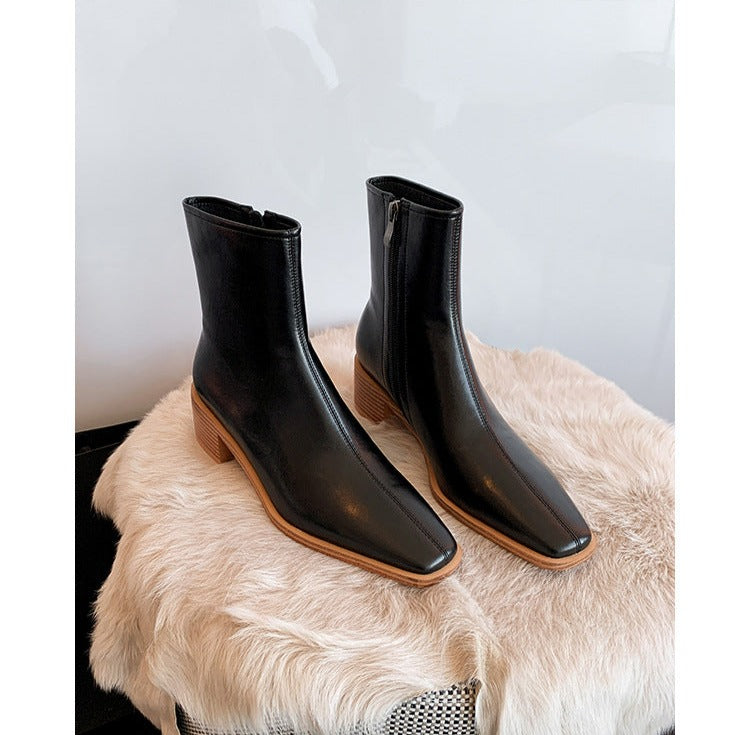 Vintage Brown Square Toe Chunky Heel Booties