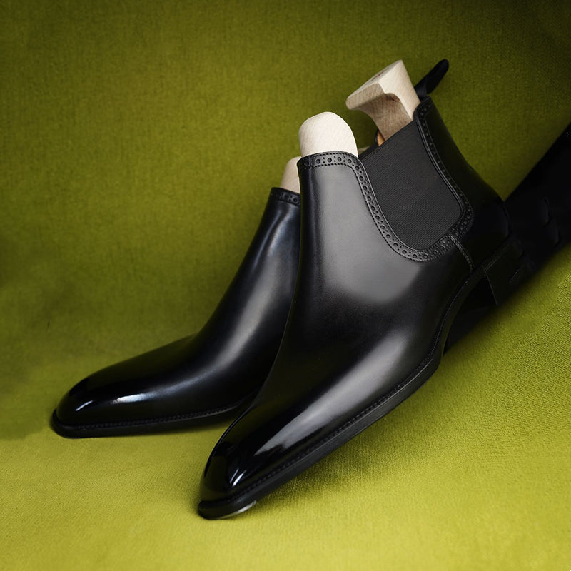 Black Shiny Pointed Toe Low Waist Handmade Business Chelsea Boots