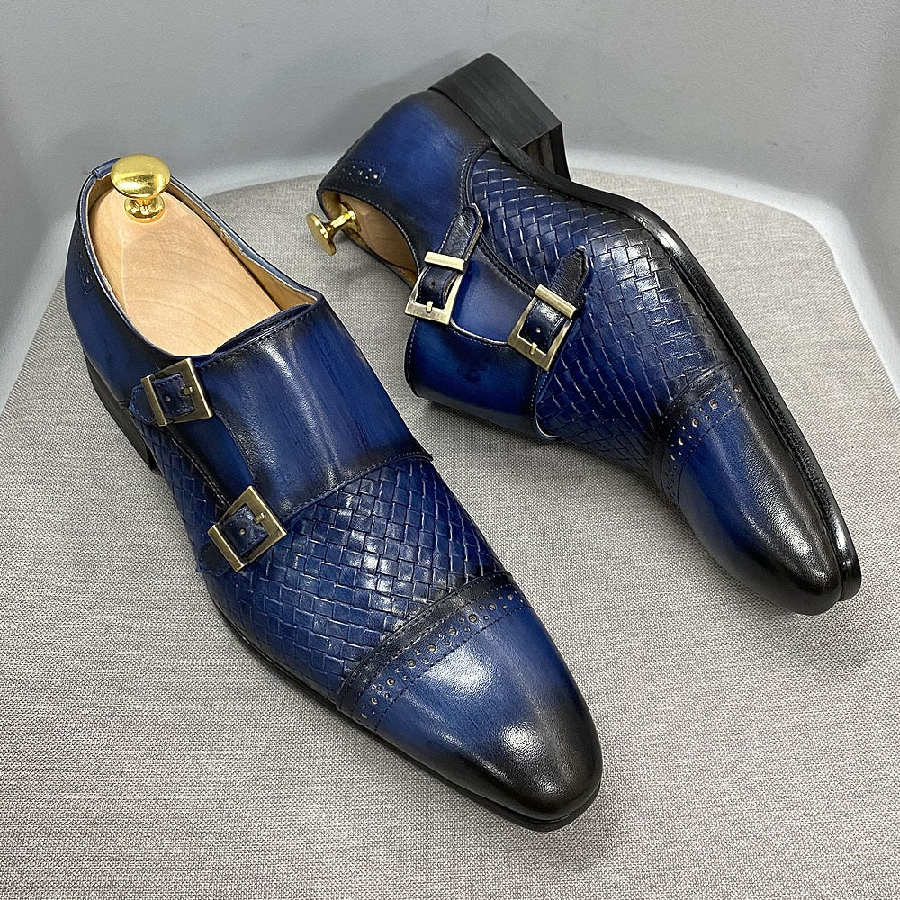 Luxury Classic Mens Wedding Dress Shoes Black Blue Monk Shoes