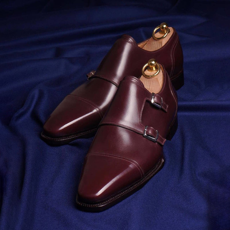 Dark red classic double buckle handmade men's monk shoes