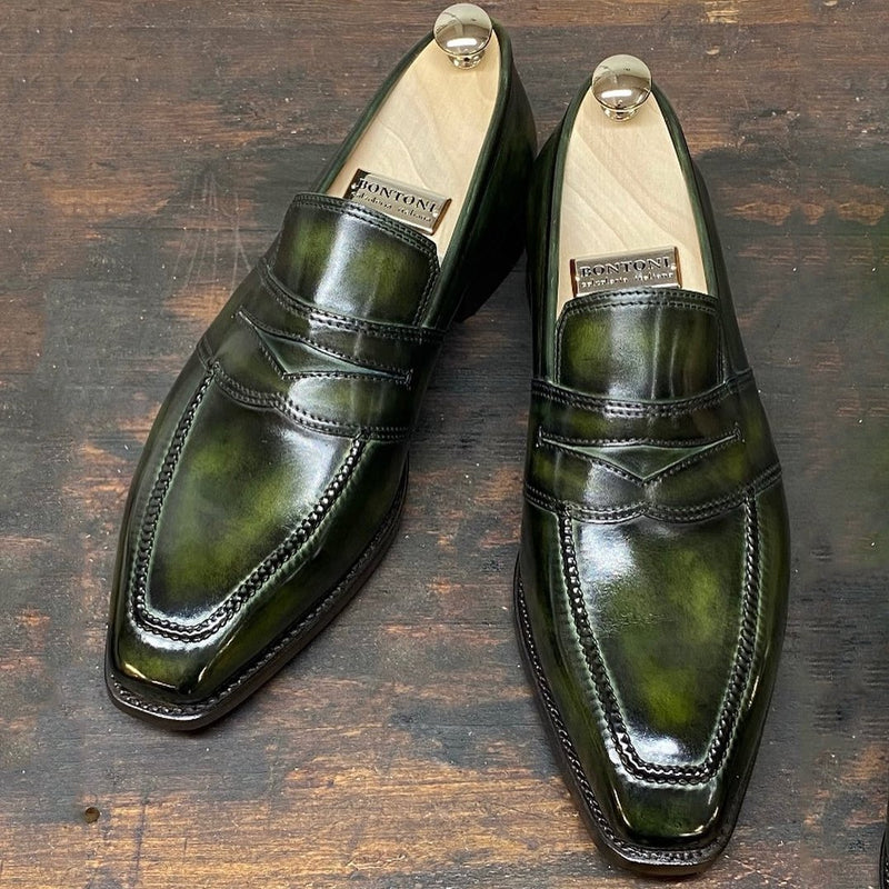 Classic fashion trend dark green men's loafers leather shoes