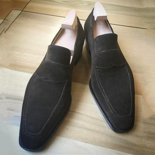 Dark brown pointed toe classic suede slip-on loafers