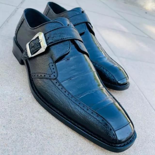 Men's black bi-leather patchwork monk shoes