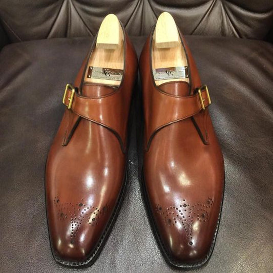 Brown Pointed Toe Brogue Single Buckle Dress Shoes