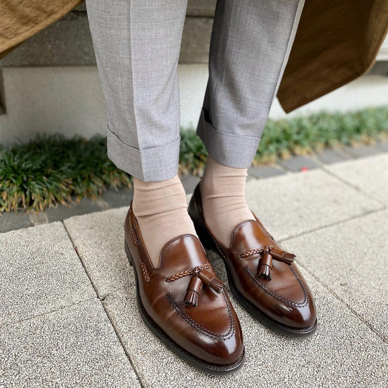 Brown Leather Woven Fringe Vintage Polished Classic Loafers