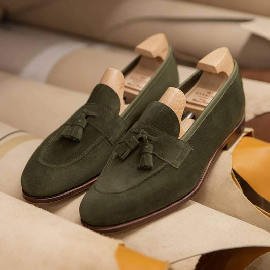 Italian dark green hand-made men's suede fringed loafers