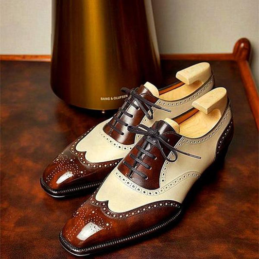 Brown and white classic brogue high-end Oxford shoes