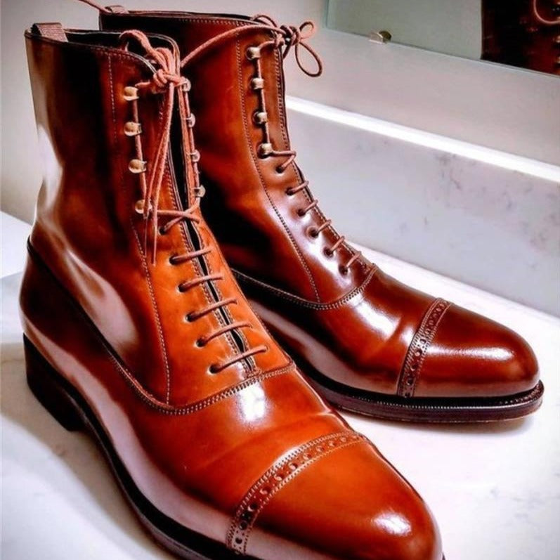 New Men Shoes Handmade Brown PU Boots