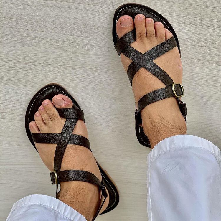 Black Leather Men's Button-Up Sandals