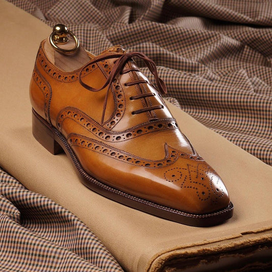 Brown and yellow classic broch style handmade oxford shoes