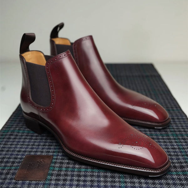 Brown Red Plain Gentleman Style Handmade Pointed Toe Chelsea Boots