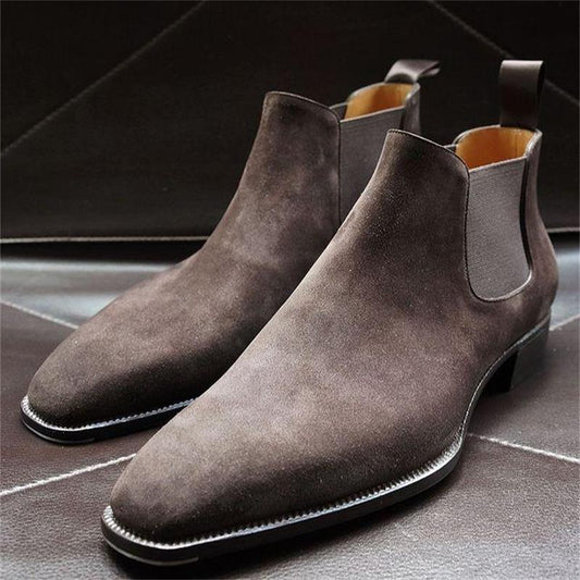 Men Handmade Gray Suede Square Head Low Heel Boots