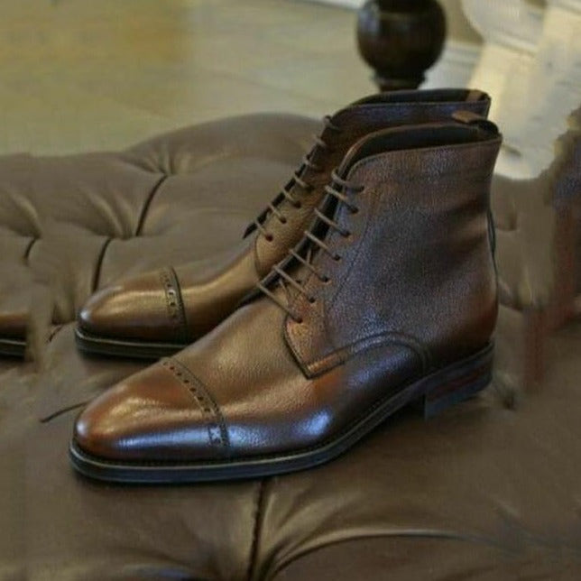 Handmade Men Brown Leather Ankle Boots