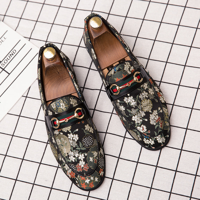 Flower Print Buckle Men Slip On Shoes