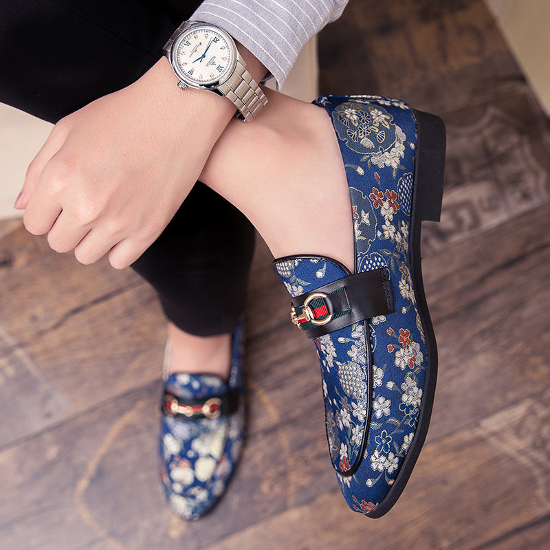 Flower Print Buckle Men Slip On Shoes