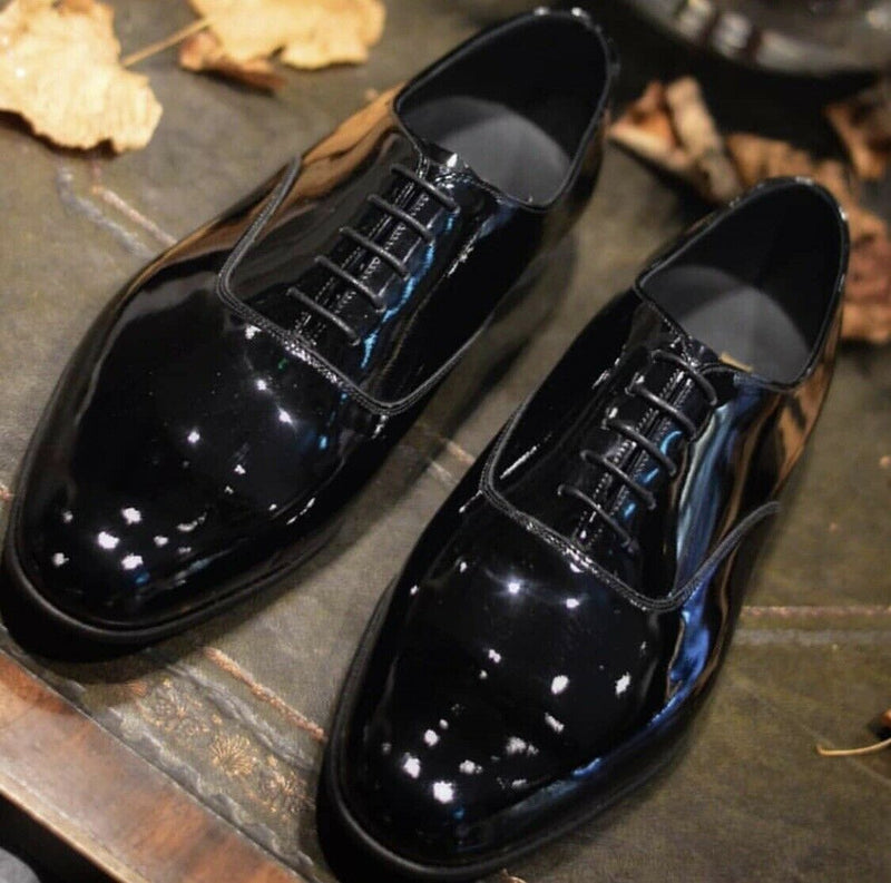 Handmade Black Pure Patent Leather Lace up Dress Shoes
