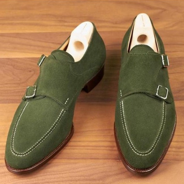 Men_s Green Suede Double Monk Shoes