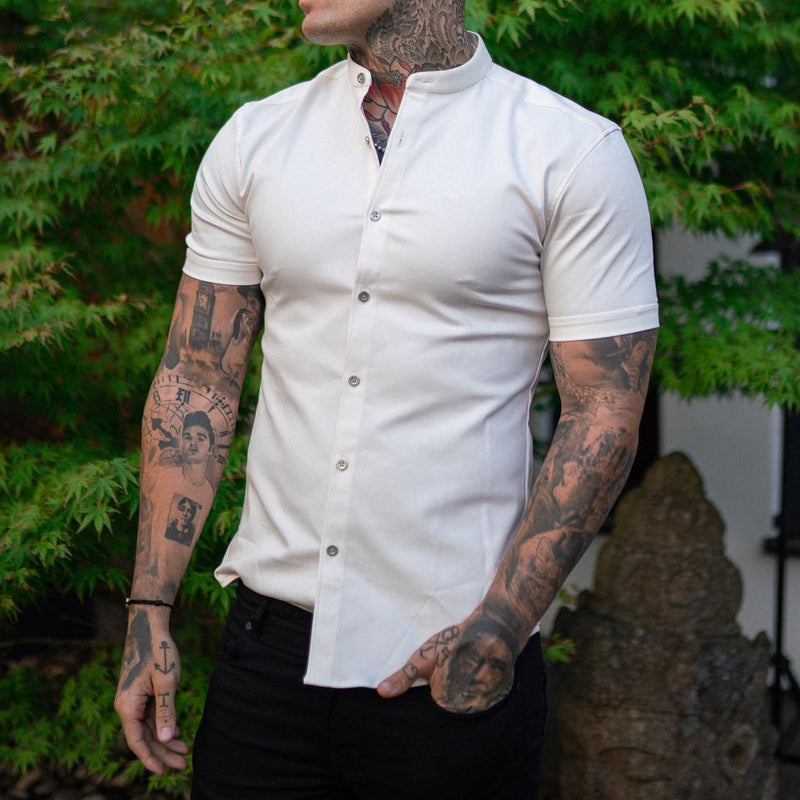 Men's White Henley Collar Short Sleeve Shirt