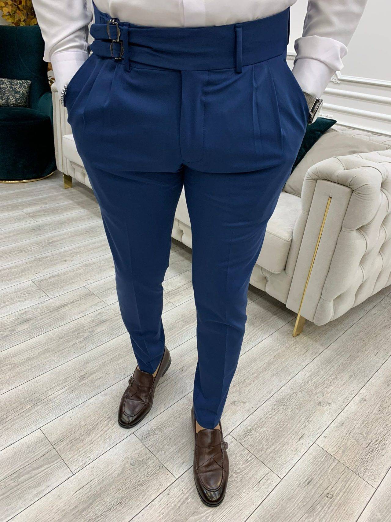 Blue Slim Fit Double Buckle Pants