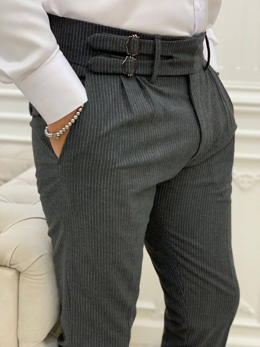 Dark Gray Slim Fit Double Buckle Striped Pants