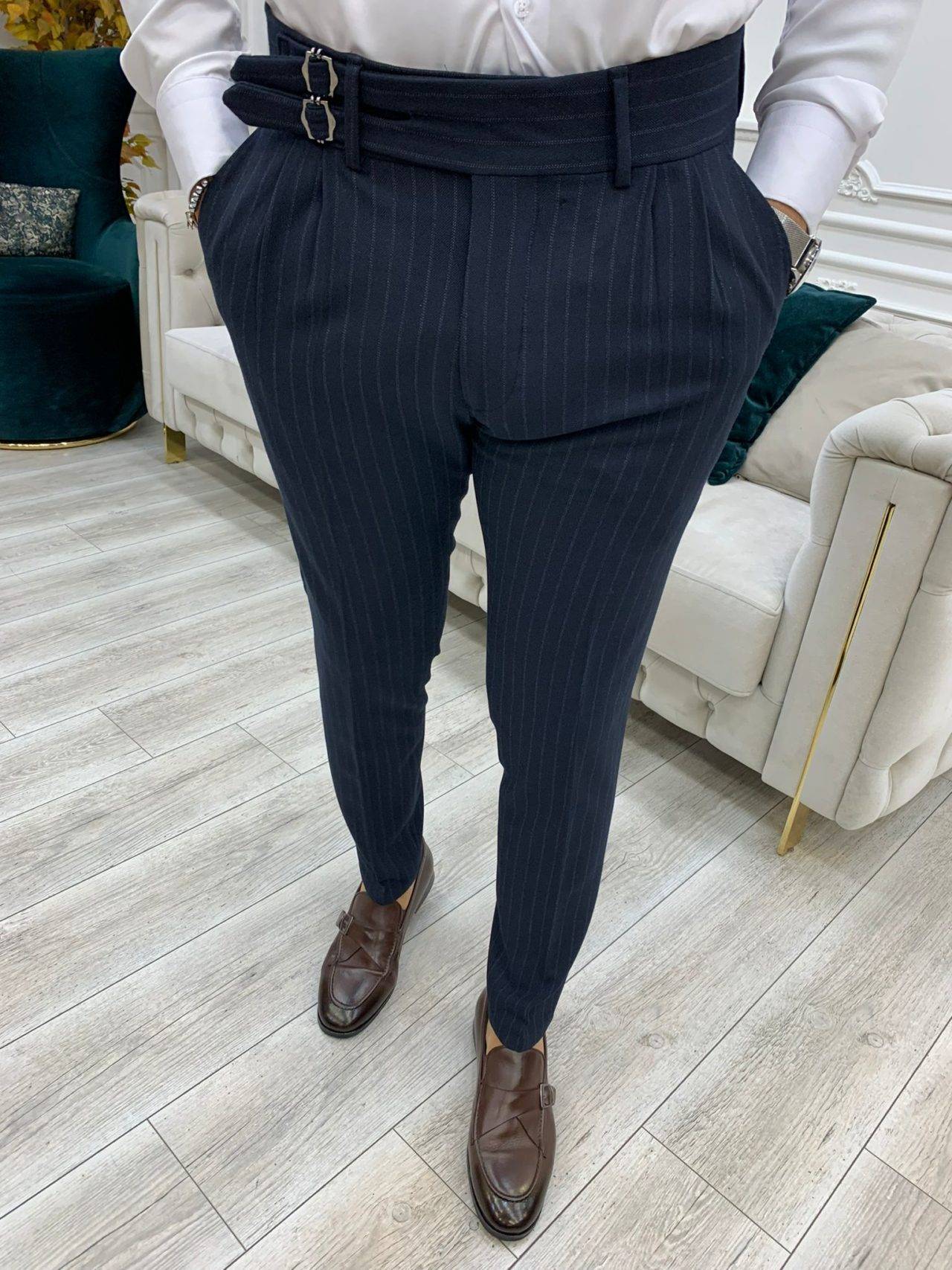 Navy Blue Slim Fit Double Buckle Striped Pants