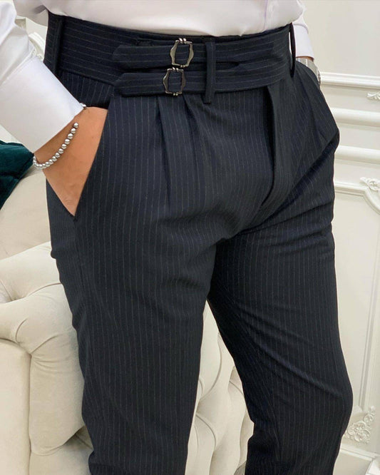 Black Slim Fit Double Buckle Striped Pants