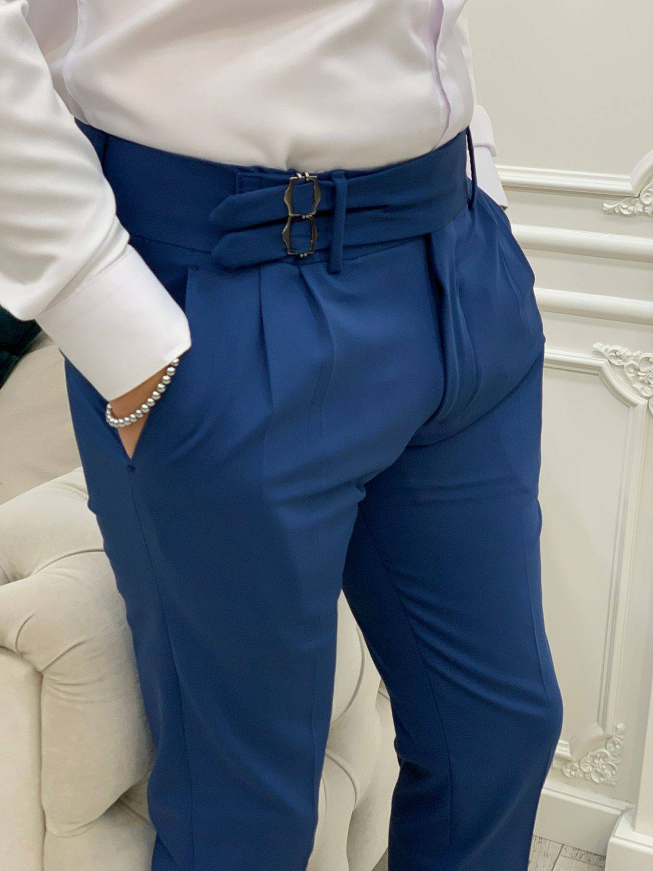 Blue Slim Fit Double Buckle Pants