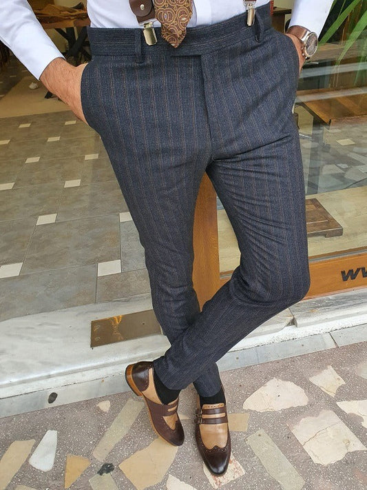 Dark Blue Slim Fit Striped Pants