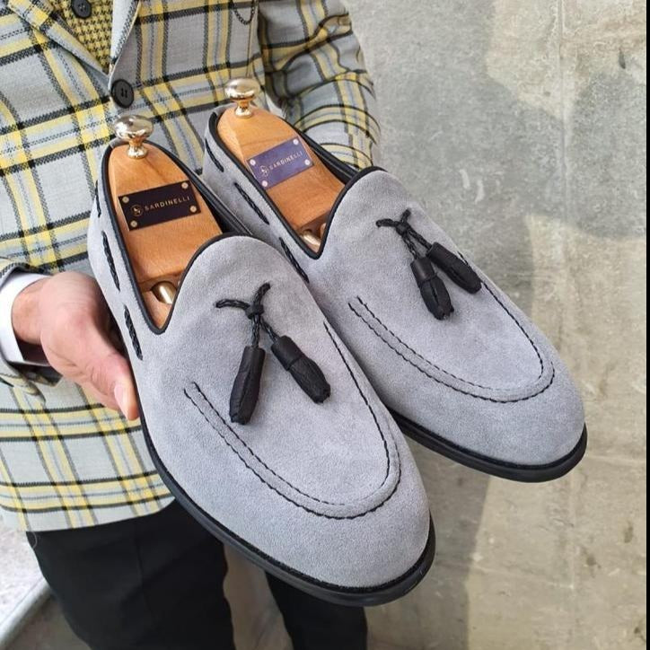 Bellingham Gray Slim Fit Suede Tassel Loafer Shoes