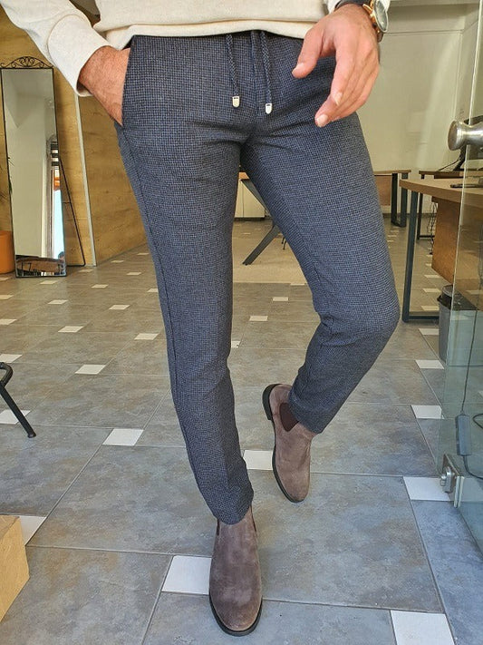 Gray Slim Fit Lace Up Plaid Pants