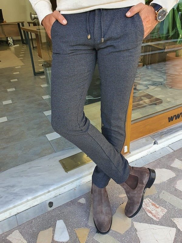 Gray Slim Fit Lace Up Plaid Pants