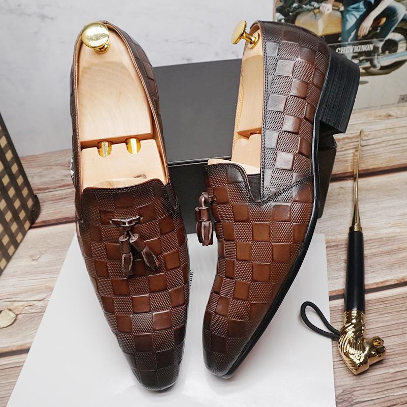 Italian leather men's dress shoes casual shoes black brown plaid print non-slip wedding office tassel loafers men's shoes