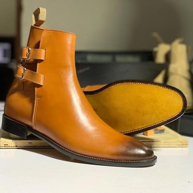 Hand Painted Two Tone Ankle High Monk Strap Boots