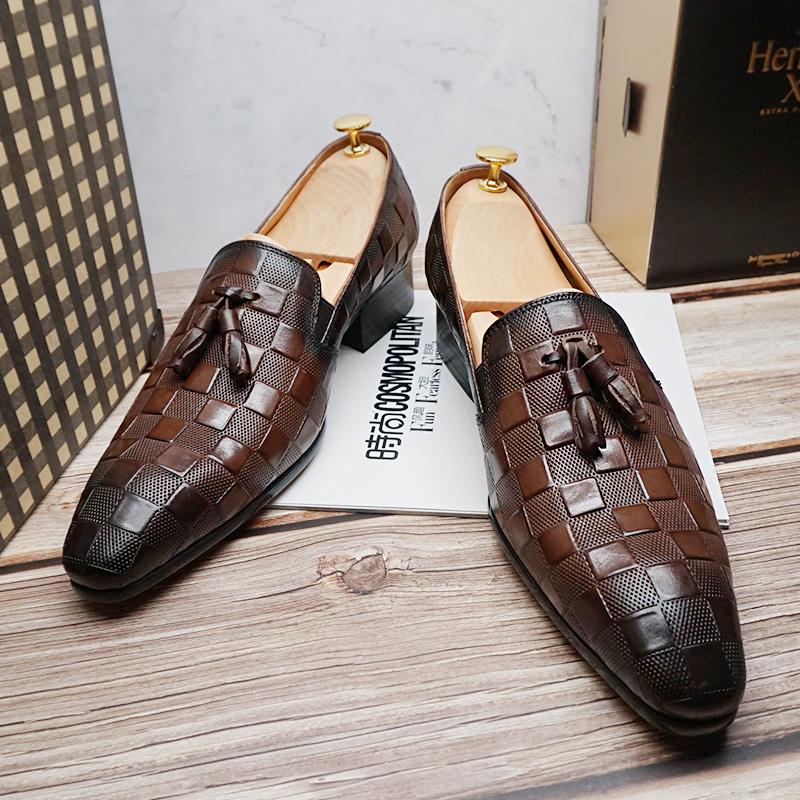 Italian leather men's dress shoes casual shoes black brown plaid print non-slip wedding office tassel loafers men's shoes