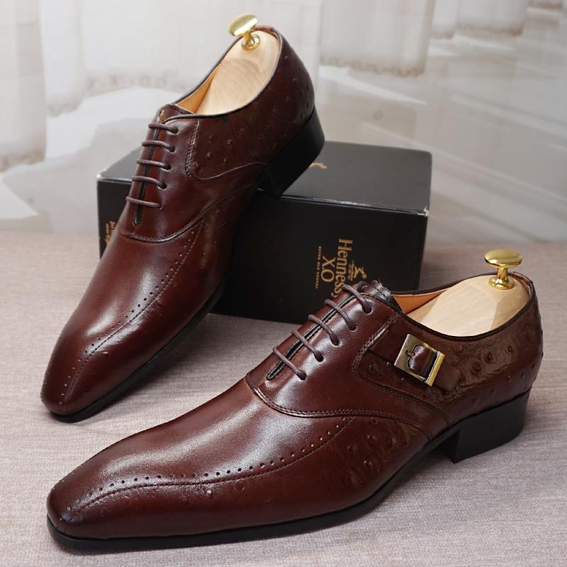 Italian Oxford Men Dress Shoes Brown Calfskin Black Ostrich Leather Prints Pointed Toe Lace Up Wedding Office Formal Shoes