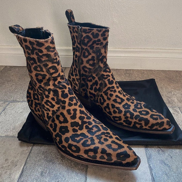 Leopard Print Mustered Ankle High Side Zipper Pull On Boot
