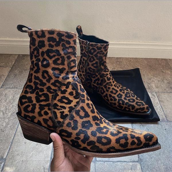 Leopard Print Mustered Ankle High Side Zipper Pull On Boot
