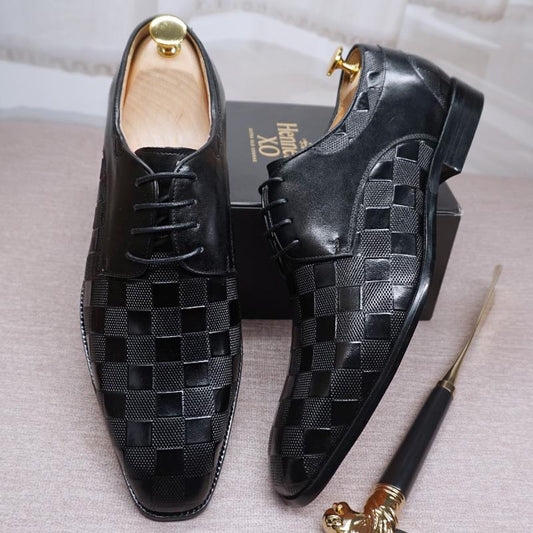 Luxury men's formal shoes leather derby shoes fashion plaid print black brown lace-up wedding office Oxford formal shoes