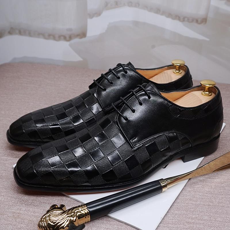 Luxury men's formal shoes leather derby shoes fashion plaid print black brown lace-up wedding office Oxford formal shoes