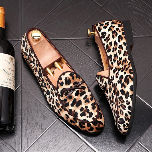 2021 Luxury Men Leather Shoes Fashion Fringed Leopard Loafers