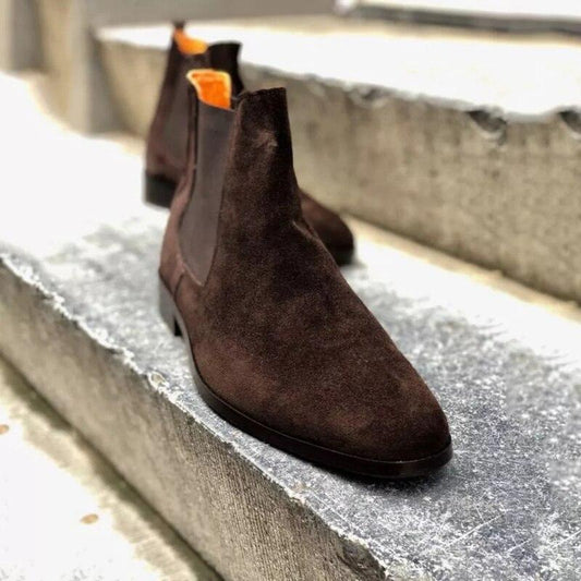 Dark Brown Pointed Low Heel High Ankle Chelsea Boots