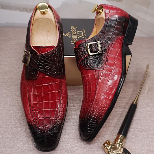 Luxury Brand Men Casual Shoes Genuine Leather Mens Dress Shoes Red Black Monk Crocodile Pattern Strap Split Toe Loafers Men Shoes