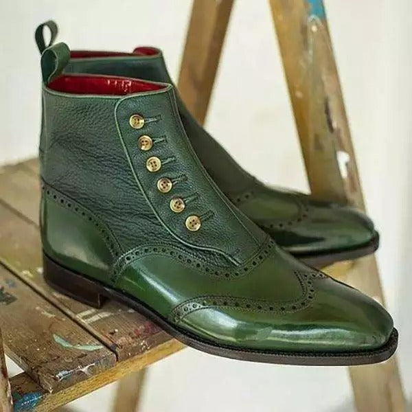 Men_s Green Bullock Engraved Pointed Boots
