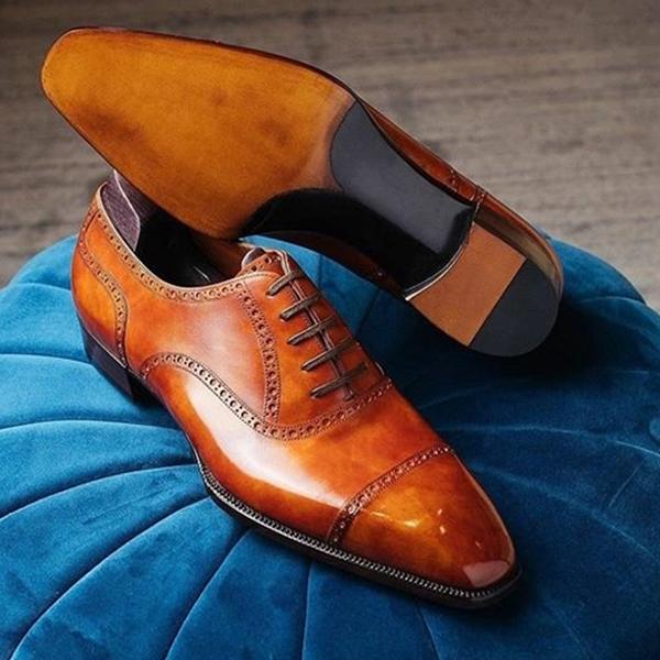 Classic brown men's handmade oxford shoes leather shoes