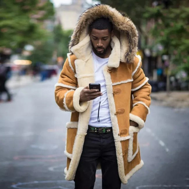 Men's Pocket Stitching Plush Hooded Coat Winter Fashion Long Sleeve Slim Fit Warm Turn-down Collar Hooded Coat