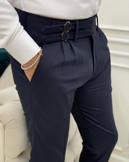 Navy Blue Slim Fit Double Buckle Pants