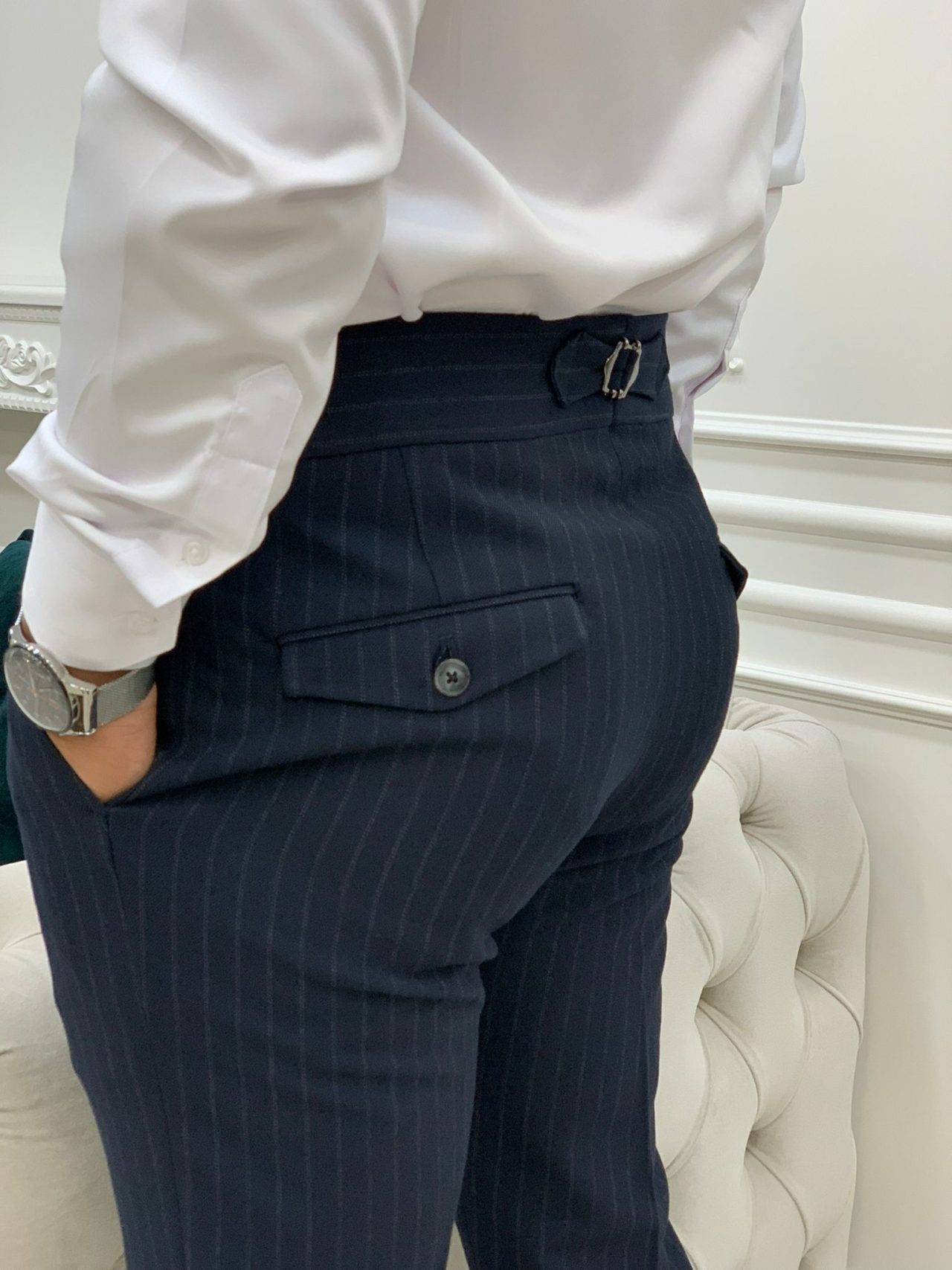 Navy Blue Slim Fit Double Buckle Striped Pants