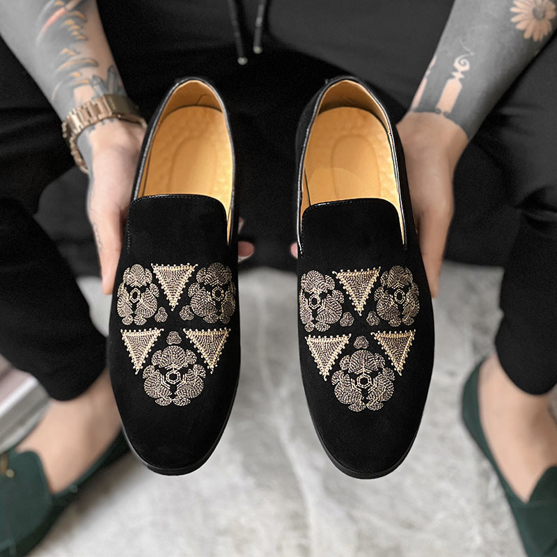 Suede Black Gold Embroidery Slip On Shoes